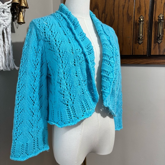 Vtg Blue Crochet Knit Open Front Cardigan Shrug Size Large Ruffles Y2K - Picture 2 of 11